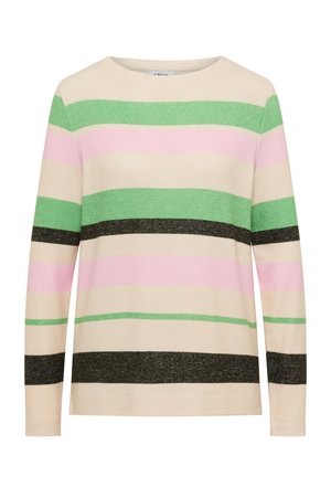 Pull à manches longues beige avec des rayures alternées vertes, roses et noires. Tissu en coton à la texture douce et col rond.