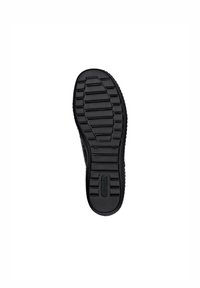 Semelle de chaussure noire présentant un design texturé et marqué avec des nervures pour une meilleure traction, avec une légère courbure sur les bords. Marquée "Remonte."