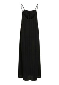 Abito maxi nero senza maniche con sottili spalline a spirale e un piccolo fiocco sul petto, realizzato in un tessuto leggero e leggermente testurizzato.