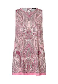 Mouwloze tuniek met een paisleypatroon in tinten roze en grijs, met een ronde hals en een striksluiting aan de achterkant. Glad stof.