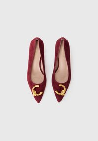 Ballerine in suede bordeaux con punta affusolata, dotate di un logo metallico dorato sulla punta e di una foderatura interna liscia. Design minimalista, senza tacco.