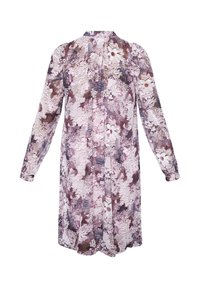 Blommig långärmad klänning i nyanser av rosa och brun, med krage, knappslå och en lös, flödande silhuett.