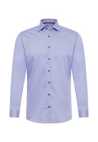 Blauwe langemouwen shirt met klein geometrisch patroon, knoopsluiting aan de voorkant, gespreide kraag en donkere knopen op een gestructureerde stof.