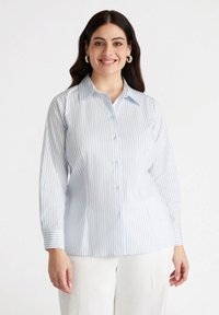 Camicia a righe blu chiaro e bianca, con colletto e maniche lunghe con dettagli sui polsini, realizzata in un tessuto morbido.