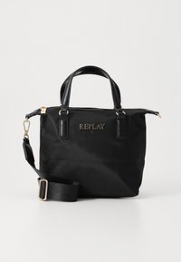 Borsa in nylon nera con dettagli in pelle, doppi manici superiori, tracolla removibile e hardware color oro; presenta il logo "REPLAY" sulla parte anteriore.