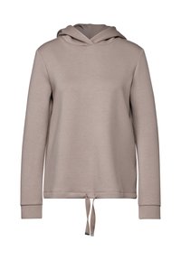 Felpa con cappuccio beige chiaro, realizzata in tessuto morbido, presenta maniche lunghe, una vestibilità comoda e un cordino regolabile all'orlo.