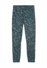 Legginsy o wysokim stanie w ciemnoniebieskim kolorze z abstrakcyjnym szarym wzorem, charakteryzujące się gładką fakturą i przylegającym krojem.