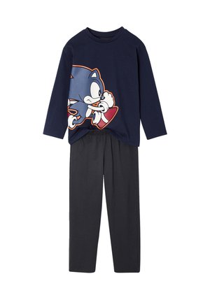 Navy blue long-sleeve top with running Sonic the Hedgehog graphic and solid dark gray elastic-waist pants.