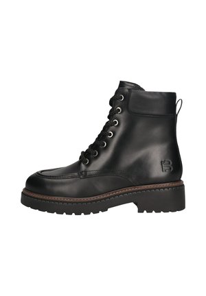 Black leather ankle boot with round toe, lace-up front, silver eyelets, padded collar, and chunky rubber sole. Features a logo detail on heel.