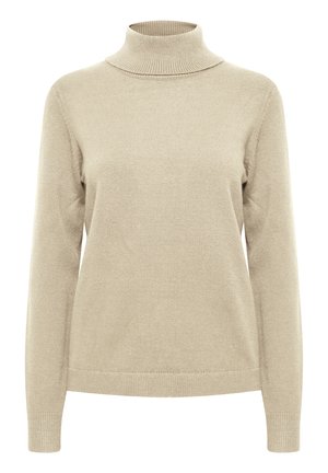 Pulover bej cu guler înalt, mâneci lungi, guler și manșete ribbate, textură moale, design ajustat, minimalist, fără modele sau accente.