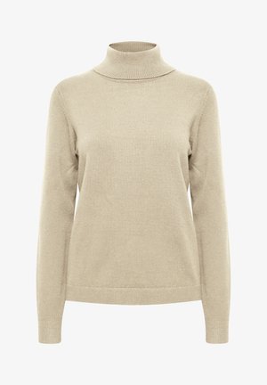 Beige garbó pulóver, hosszú ujjakkal, bordázott gallérral és mandzsettával, puha textúrával, testhezálló fazonnal, minimalista, minta vagy díszítés nélkül.