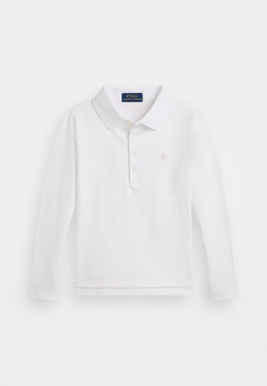 Fehér, hosszú ujjú pólóing klasszikus gallérral, öt gombos záródással és egy kis rózsaszín logóval a bal mellrészen. Puha pamut anyagból.