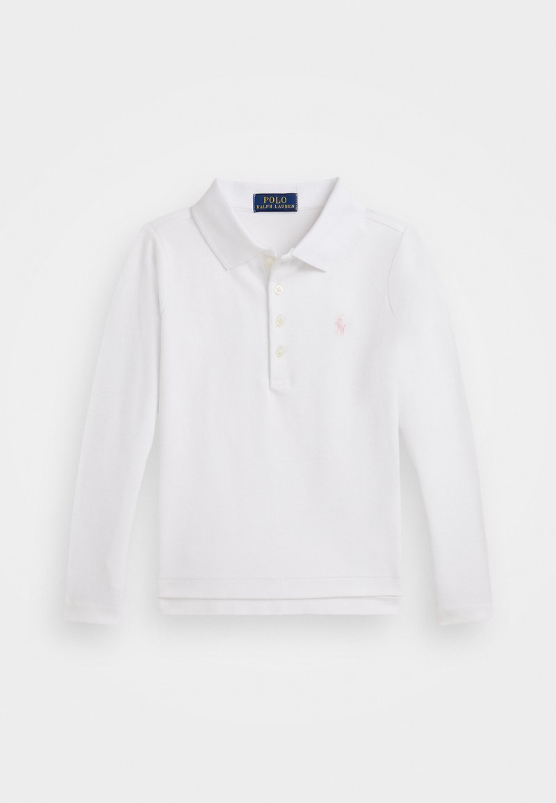 Balta ilga rankovė polo marškiniai su klasikine apykakle, penkių mygtukų priekine dalimi ir mažuoju rožiniu logo kairėje krūtinės pusėje. Minkšta medvilnės medžiaga.