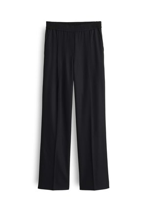 Schwarze weit geschnittene Hosen mit einer glatten Textur, elastischem Bund und Seitentaschen, die ein Ganzkörperdesign aufweisen und für verschiedene Anlässe geeignet sind.