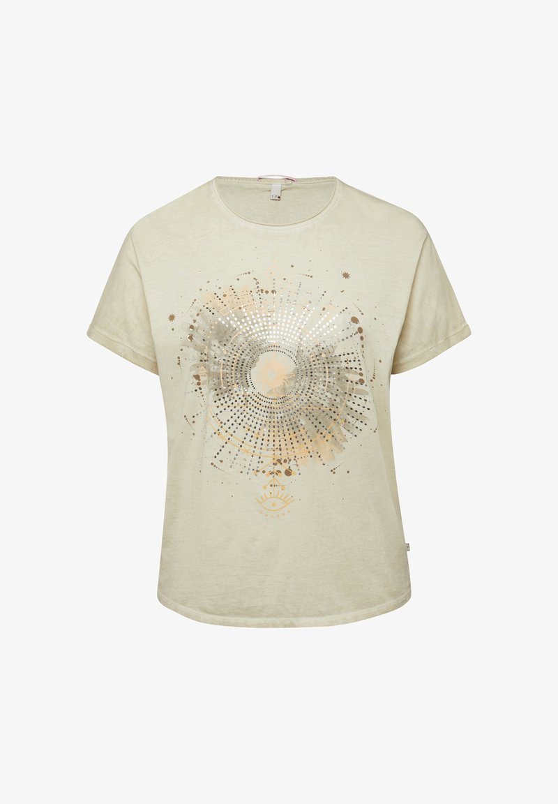 Beiges T-Shirt mit kurzen Ärmeln und rundem Ausschnitt, das auf der Vorderseite ein kreisförmiges, metallisches Sonnen- und Augen-Grafikdesign zeigt.