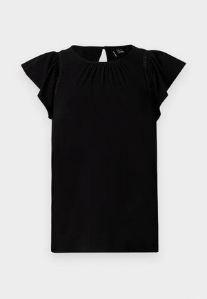 Svart topp med korte ermer laget av mykt stoff, med rund hals, plisserte detaljer og flagrende ermer med utskjæring bak.