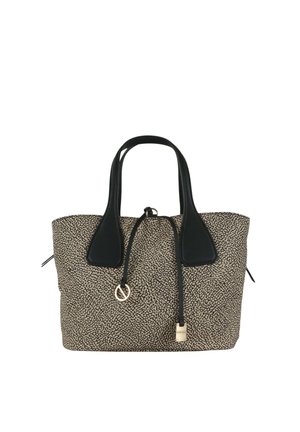 Borsa tote con motivo beige e nero, manici in pelle nera, chiusura con coulisse e dettagli in metallo color oro.