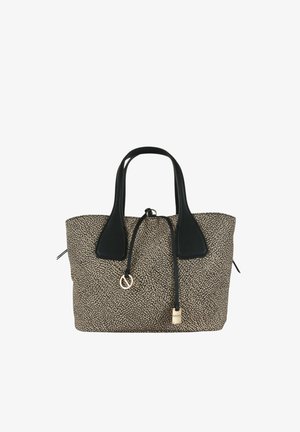 Borsa tote con motivo beige e nero, manici in pelle nera, chiusura con coulisse e dettagli in metallo color oro.