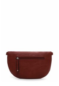 Tumepunane poolkuu kujuline nahast ristihoidja, millel on esiküljel lukuga tasku ja sobiv nahast lukulukk.