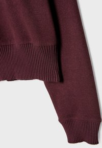 Primo piano di una manica di un maglione lavorato a maglia color bordeaux, con polsini e vita a coste, su uno sfondo chiaro.