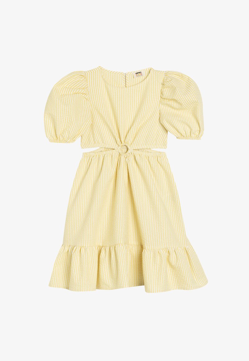 Keltainen ja valkoinen raidallinen mekko, jossa on puffihihat, edessä solmittava yksityiskohta ja röyhelöhelma. Valmistettu kevyestä kankaasta.