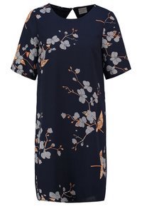 Robe bleu marine à manches courtes, motif floral gris et orange, encolure ronde, détail en forme de clé à l'arrière et coupe droite.