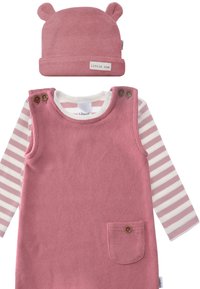 Pink corduroy dress with a front pocket and two buttons at the shoulder. Underneath, a white and pink striped long-sleeve top and a bear-style hat.