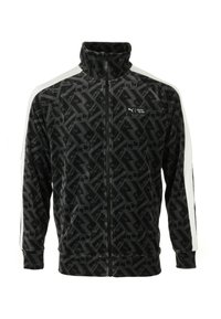 Zwarte en grijze zip-up jas met een geometrisch patroon, witte zijstrepen en een hoge kraag. Gemaakt van zacht, gestructureerd materiaal.