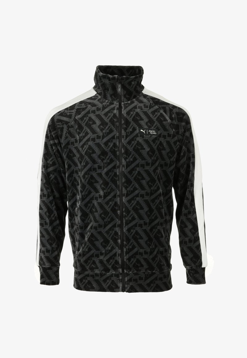 Zwarte en grijze zip-up jas met een geometrisch patroon, witte zijstrepen en een hoge kraag. Gemaakt van zacht, gestructureerd materiaal.