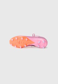 Football cleat with a pink upper, orange and pink sole, multiple studs, and a sleek streamlined design for enhanced performance.