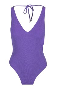 Maillot de bain violet avec un décolleté en V profond et des bretelles fines. Fabriqué dans un tissu métallique texturé. Corps lisse avec un design de jambe haute.