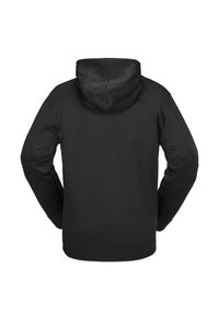 Black hooded sweatshirt with long sleeves, ribbed cuffs, and hem. Smooth texture and minimalist design, featuring a drawstring hood.