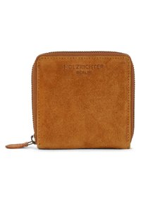 Brown suede wallet with a zipper closure, featuring embossed "HOLZRICHTER BERLIN" logo on the front, square shape, and clean design.