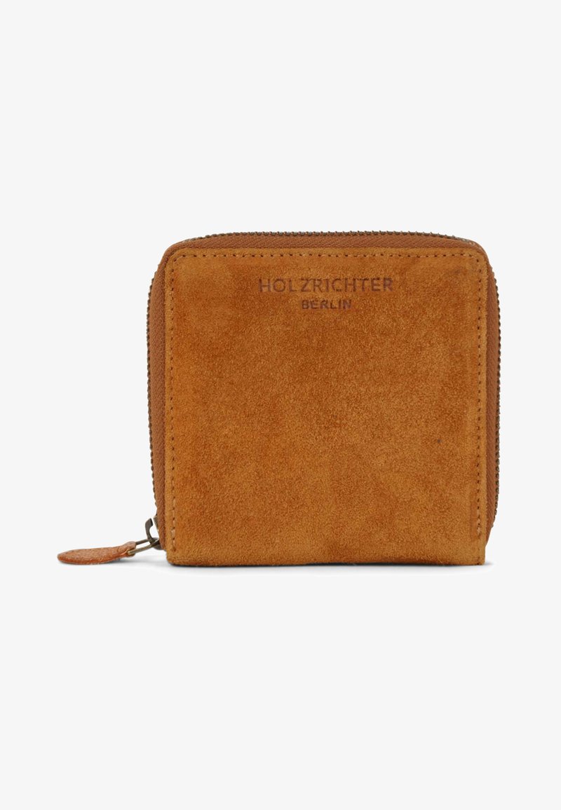 Brown suede wallet with a zipper closure, featuring embossed "HOLZRICHTER BERLIN" logo on the front, square shape, and clean design.