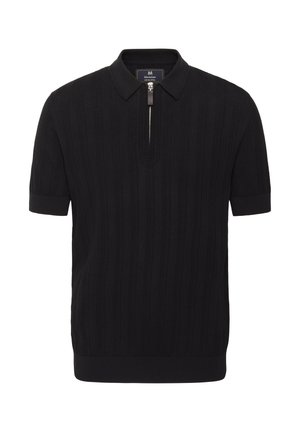 Polo negro de manga corta con cuello con cremallera, presenta una textura acanalada, color sólido y puños ajustados.