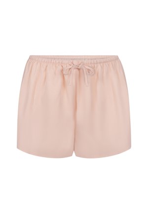 Light pink satin shorts with elastic waistband and a tied front drawstring, displayed on a white background.