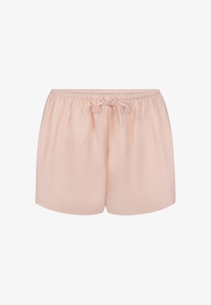 Lichtroze satijnen shorts met een elastische tailleband en een gestrikte voorkant, weergegeven op een witte achtergrond.