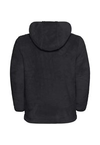 Schwarzer Fleece-Hoodie mit strukturierter Oberfläche, einer großen Kapuze und einem lässigen Schnitt. Keine sichtbaren Beschläge oder Akzente auf der Rückseite.