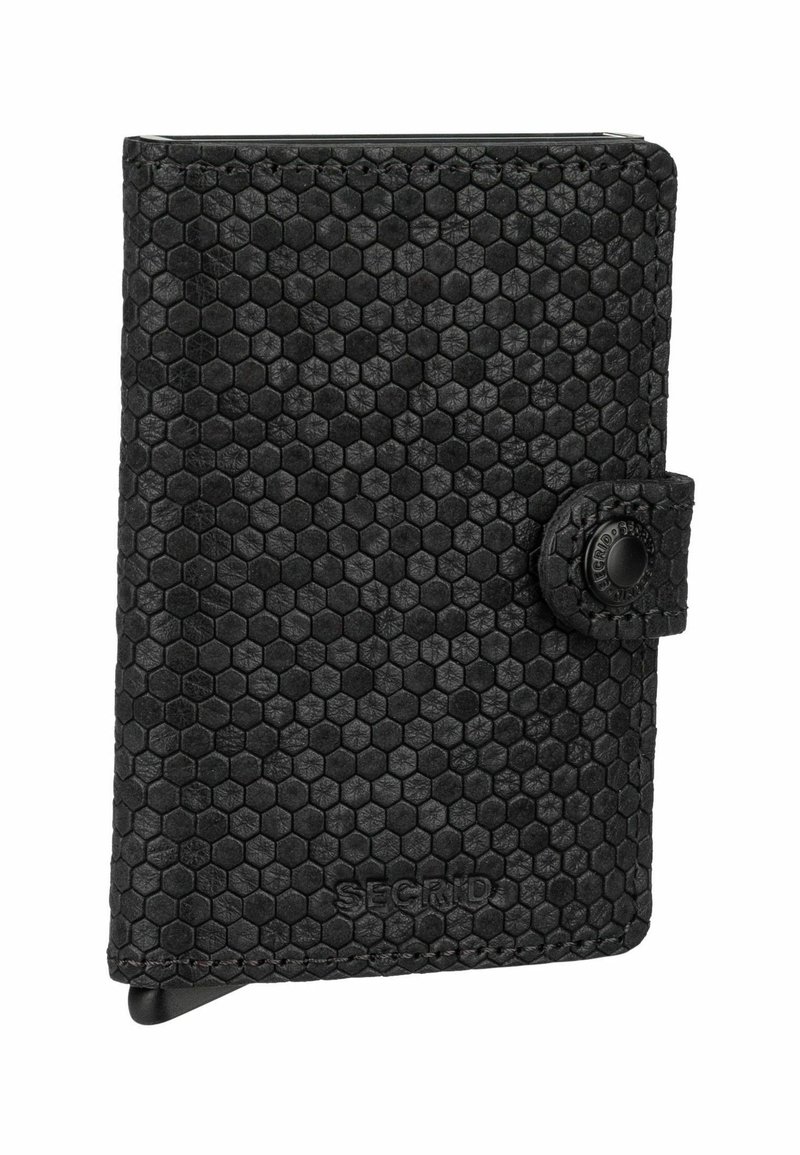 Black leather wallet with hexagonal textured pattern, snap button closure, and embossed logo at the bottom. Compact and durable design.