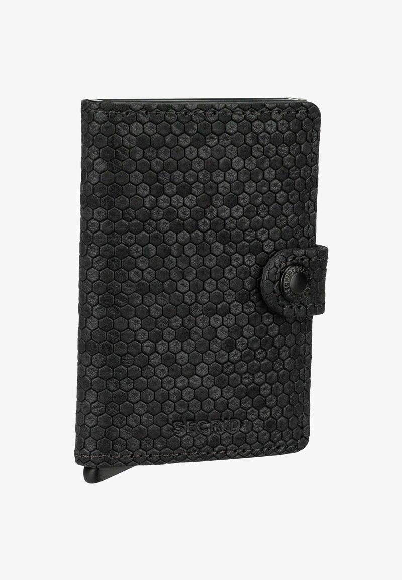 Black leather wallet with hexagonal textured pattern, snap button closure, and embossed logo at the bottom. Compact and durable design.