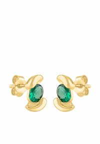 Náušnice s pozláteným povrchom, ktoré majú okrúhle zelené kamene obklopené hladkým, zakriveným vzorom. Dizajn obsahuje textúrovaný akcent.
