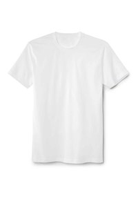 Weißes T-Shirt mit kurzen Ärmeln aus Baumwolle. Rundhalsschnitt mit glatter Textur und geradem Saum. Keine Muster oder sichtbaren Hardware.