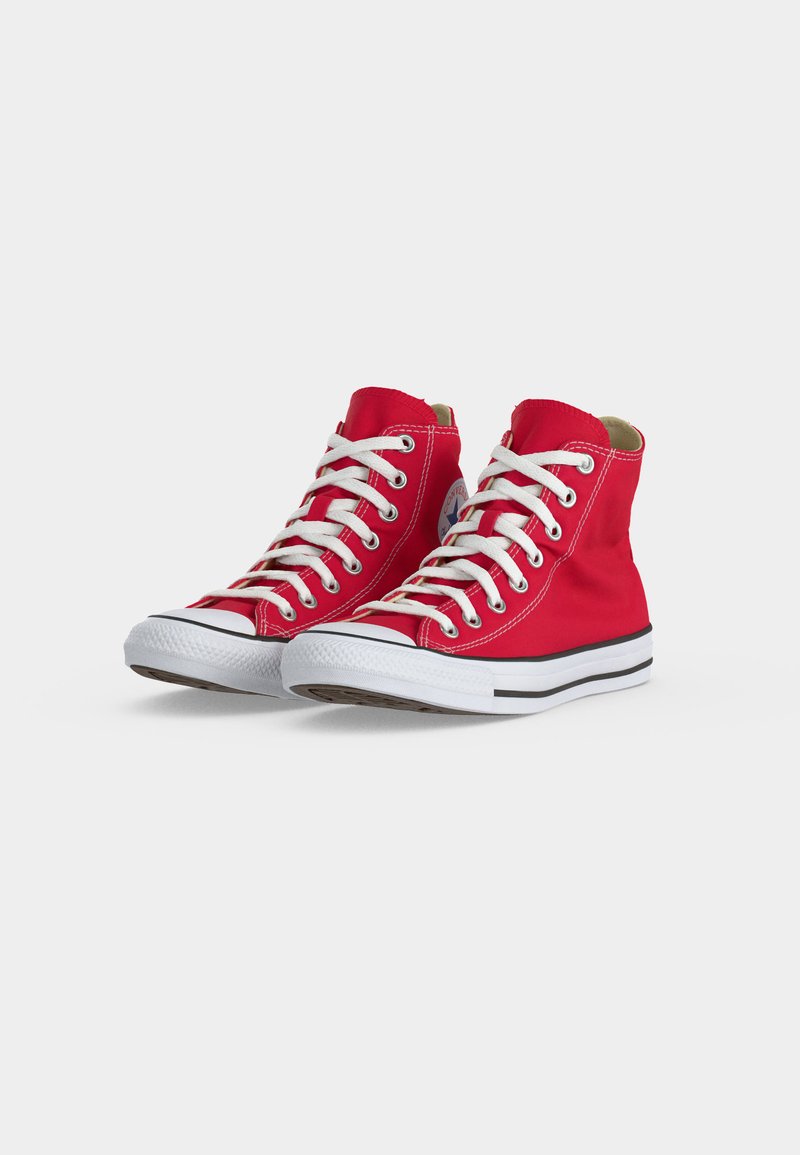 Coppia di sneaker alte rosse in tela con lacci bianchi e suola in gomma, esposte su uno sfondo chiaro uniforme.