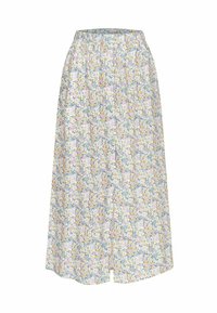 Bloemen maxi rok met een elastische tailleband, gekenmerkt door een pastelgekleurde print van kleine bloemen op een lichte achtergrond en een voorkantopening.