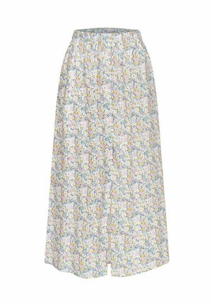 Jupe maxi florale avec une taille élastique, présentant un imprimé de petites fleurs dans des tons pastel sur un fond clair et une fente à l'avant.