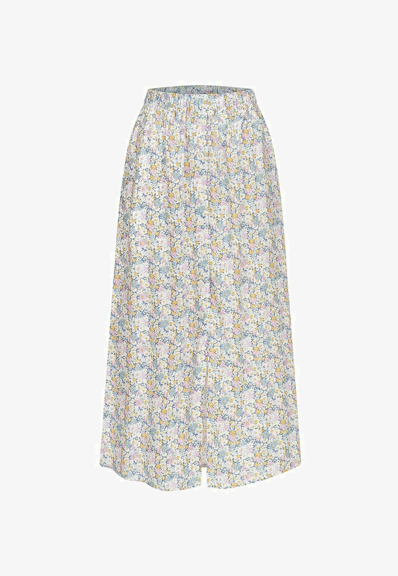 Jupe maxi florale avec une taille élastique, présentant un imprimé de petites fleurs dans des tons pastel sur un fond clair et une fente à l'avant.