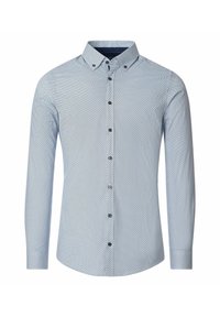 Jasnoniebieska koszula z długim rękawem, zapinana na guziki, z geometrycznym wzorem. Posiada kołnierz, czarne guziki, dopasowany krój oraz gładką teksturę.