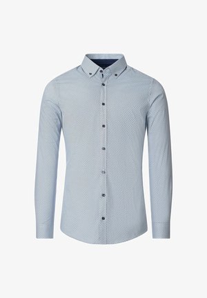 Lyseblå skjorte med knop, der har et geometrisk mønster. Lange ærmer, krave, sorte knapper, tætsiddende design og glat tekstur.