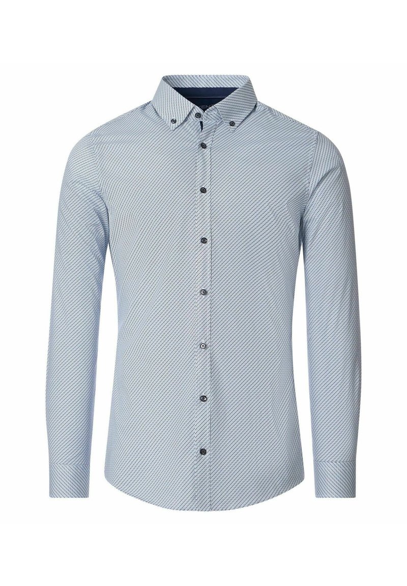 Jasnoniebieska koszula z długim rękawem, zapinana na guziki, z geometrycznym wzorem. Posiada kołnierz, czarne guziki, dopasowany krój oraz gładką teksturę.