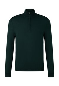 Dunkelgrüner Pullover mit langen Ärmeln, hohem Kragen und halblangem Reißverschluss auf der Vorderseite, präsentiert auf einem weißen Hintergrund.